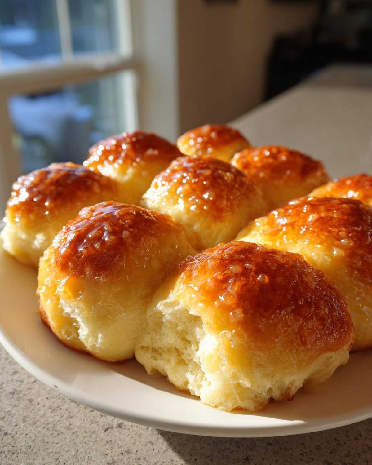 A plate of freshly baked, soft dinner rolls with a shiny, golden honey glaze, one roll pulled apart.