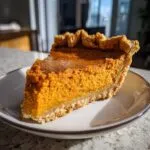 A close-up slice of rich, orange sweet potato pie with a flaky crust, sitting on a light plate.