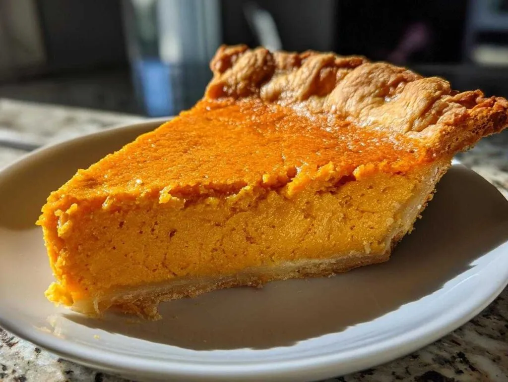 A close-up view of a thick slice of amazing sweet potato pie showing the vibrant orange filling and golden, flaky crust.