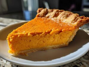 A close-up view of a thick slice of amazing sweet potato pie showing the vibrant orange filling and golden, flaky crust.