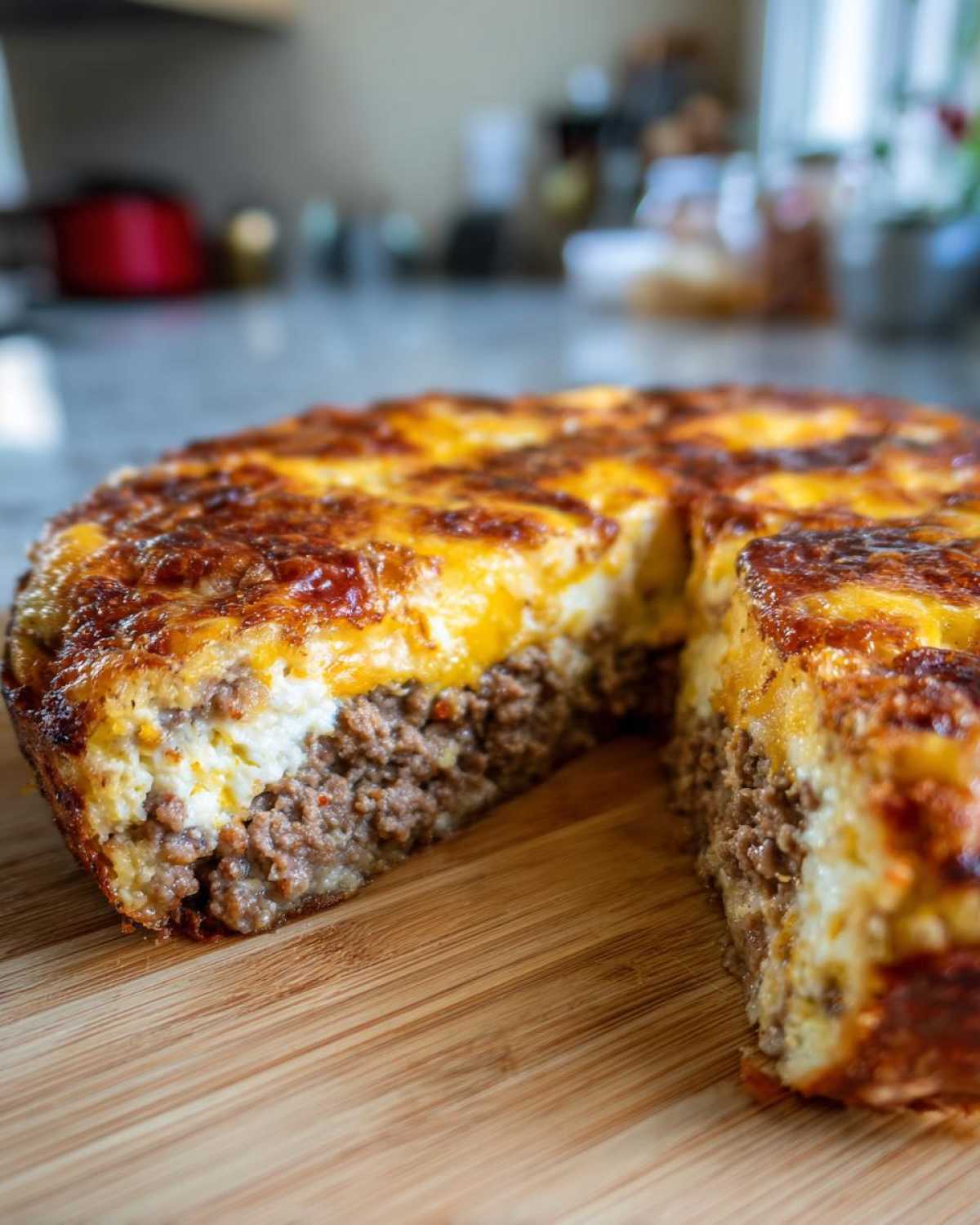 A close-up of a freshly baked taco pie with a thick layer of seasoned ground meat, topped with a baked egg/cheese mixture.