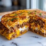 A thick slice cut from a golden-brown taco pie revealing layers of seasoned ground beef, melted cheese, and a creamy white filling.