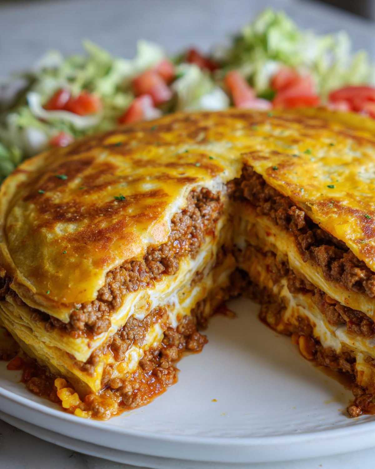 Close-up of a slice removed from a layered taco pie showing seasoned ground beef and cheese filling.