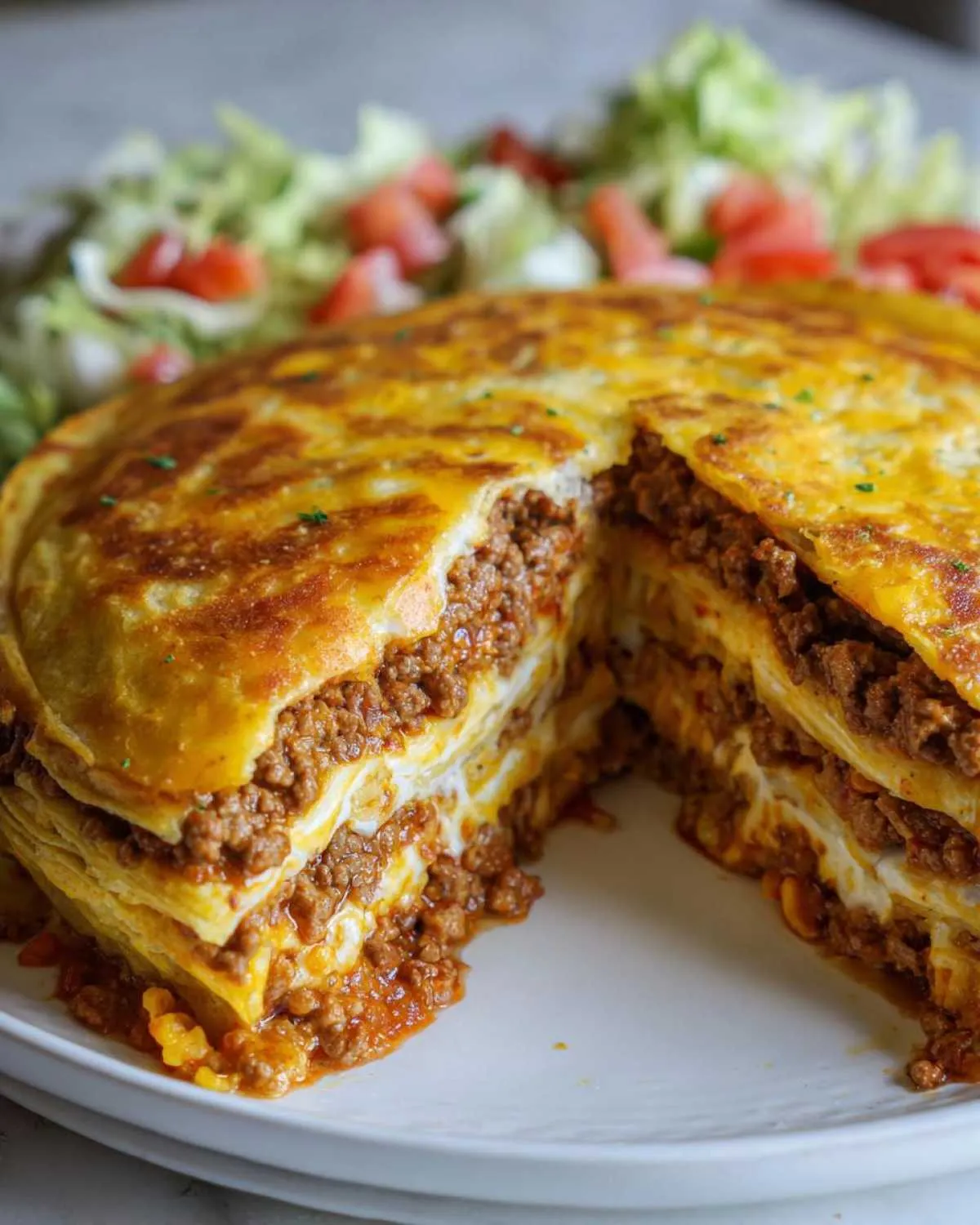 Close-up of a slice removed from a layered taco pie showing seasoned ground beef and cheese filling.