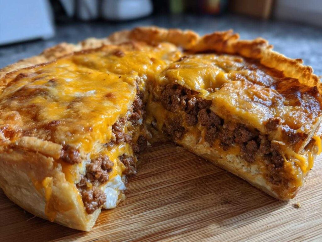 A close-up of a thick slice cut from an amazing taco pie, showing layers of seasoned ground beef and melted cheddar cheese.