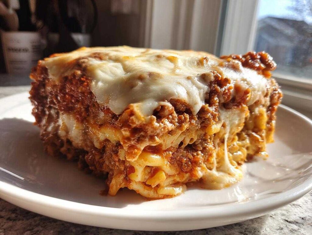 A generous slice of baked ziti covered in rich meat sauce and melted mozzarella cheese, served on a white plate.