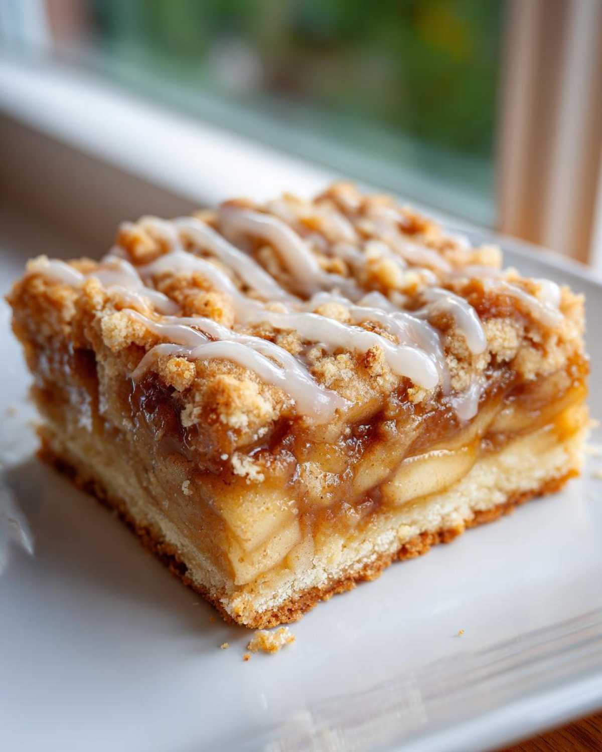Close-up of a square apple pie bars slice with a thick apple filling and streusel topping drizzled with vanilla glaze.
