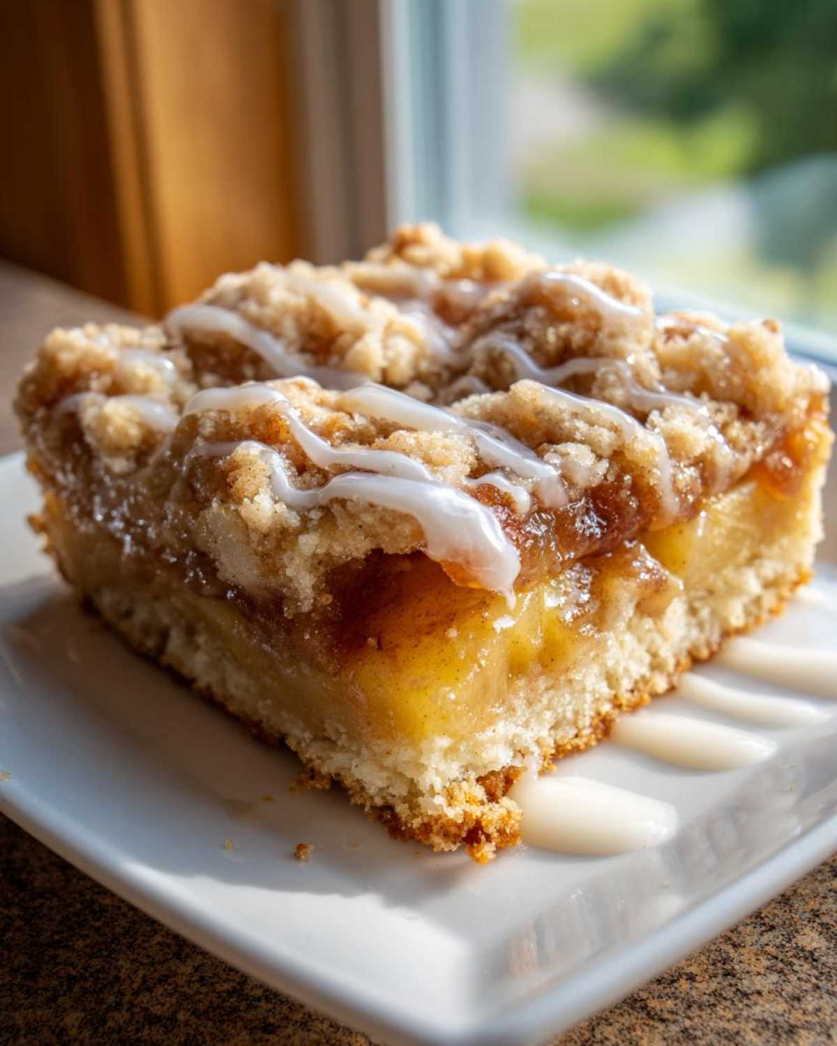 A close-up of a single serving of apple pie bars featuring a thick apple filling, crumb topping, and vanilla glaze drizzle.