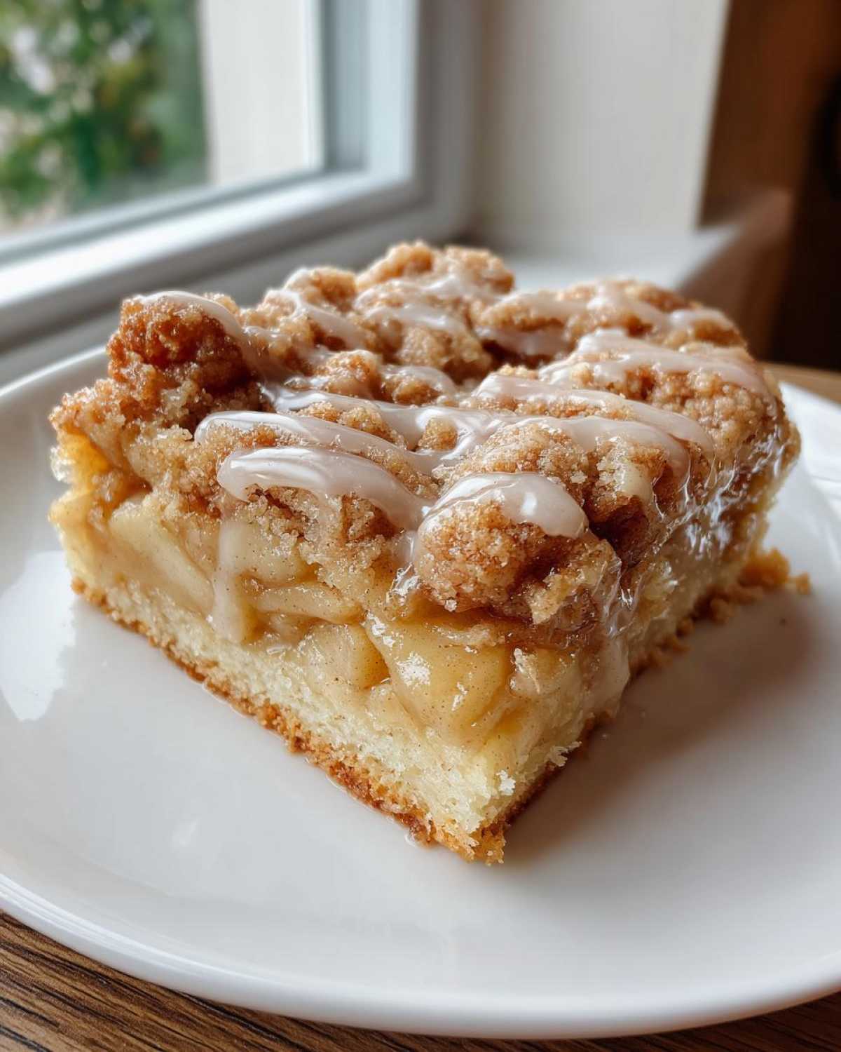 A close-up of a square slice of apple pie bars with a thick apple filling, crumb topping, and vanilla glaze.