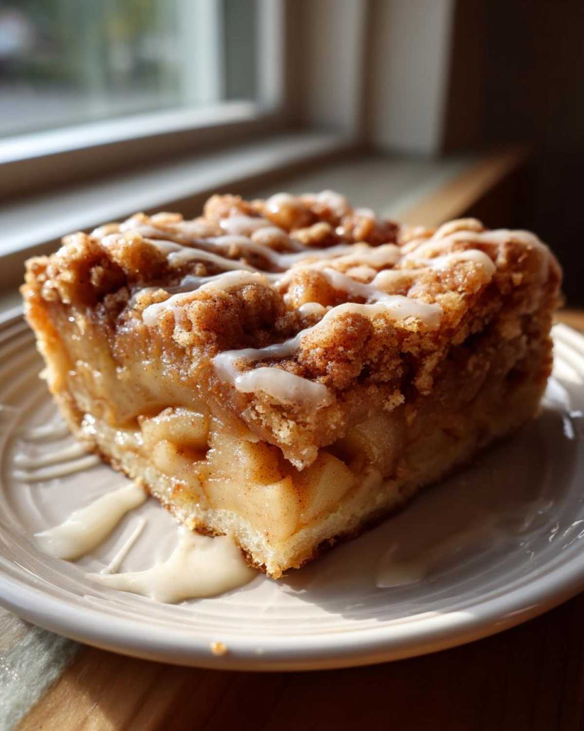 A close-up of a single serving of apple pie bars with a crumb topping and vanilla glaze drizzle.