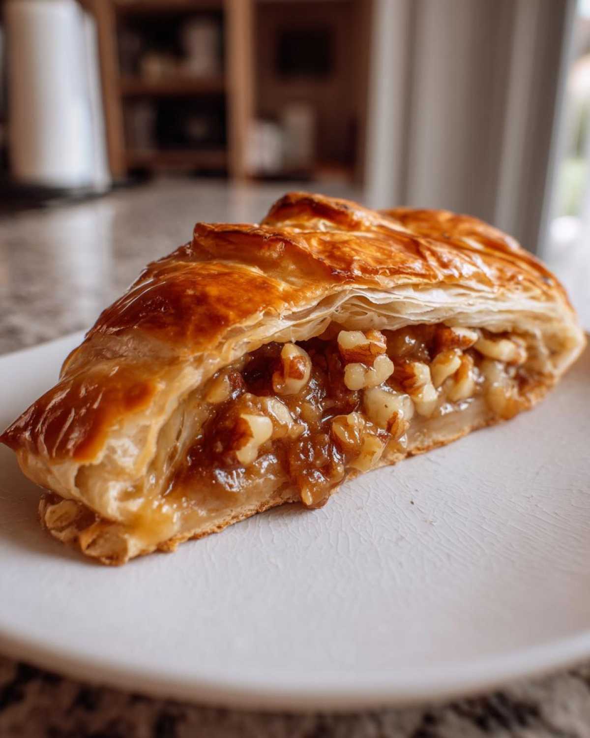 Close-up of a slice of baked brie wrapped in golden puff pastry, showing a gooey filling with walnuts.