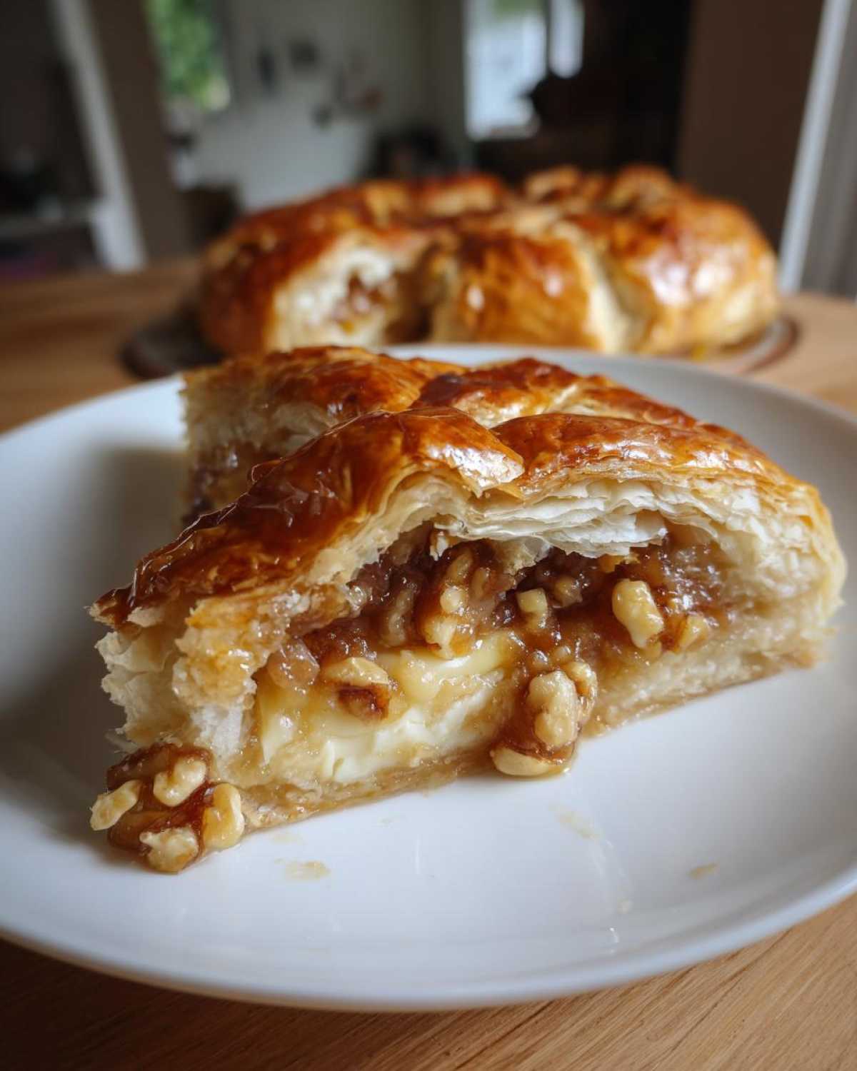 Cross-section of baked brie wrapped in flaky pastry, showing melted cheese, walnuts, and sweet glaze.