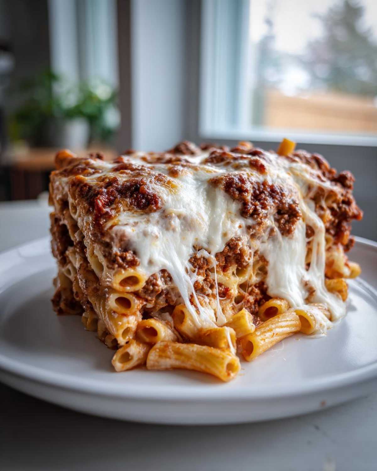 A thick slice of baked ziti layered with meat sauce and covered in melted, stringy mozzarella cheese.