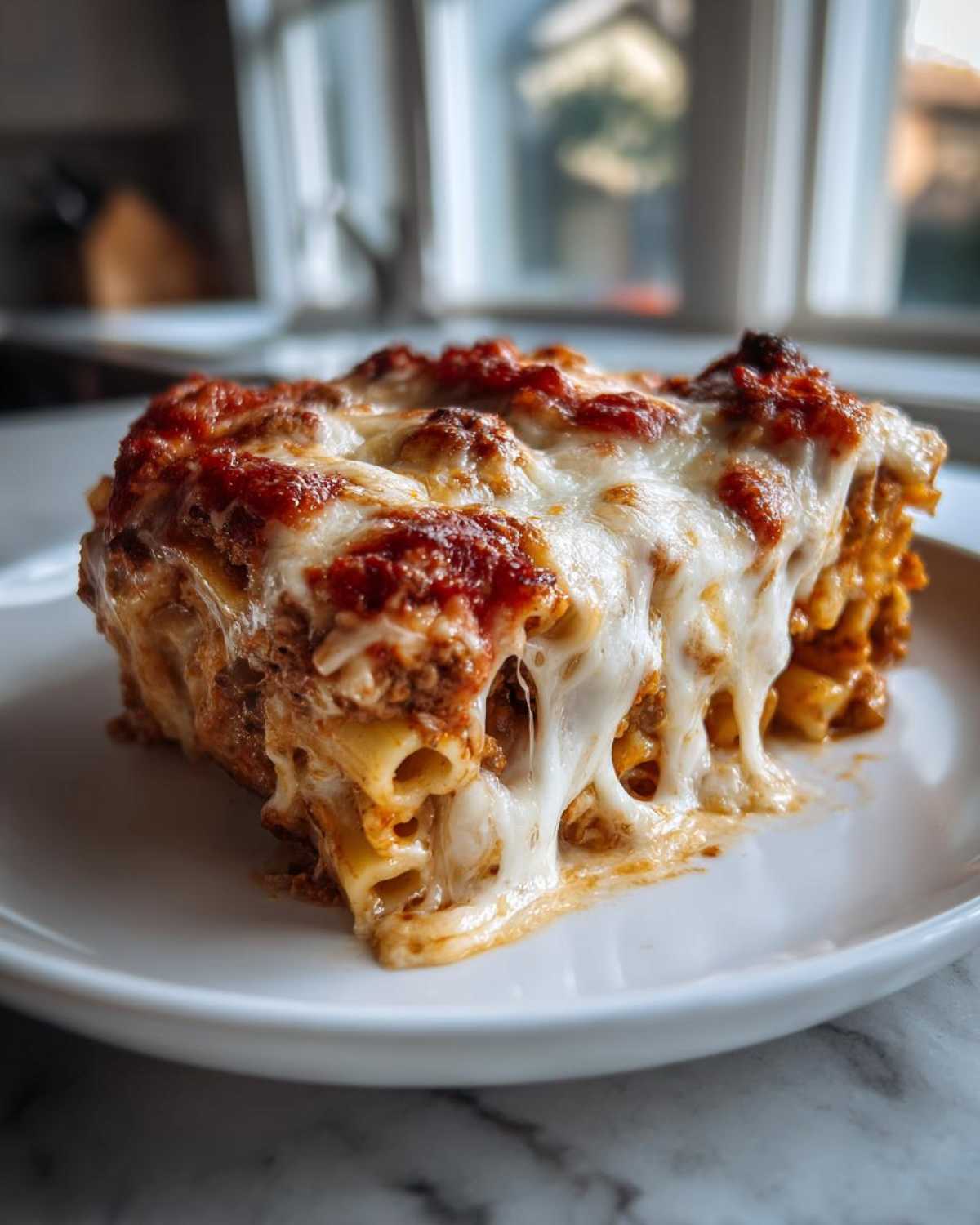 A square serving of baked ziti covered in melted, stretchy mozzarella cheese and rich tomato sauce.