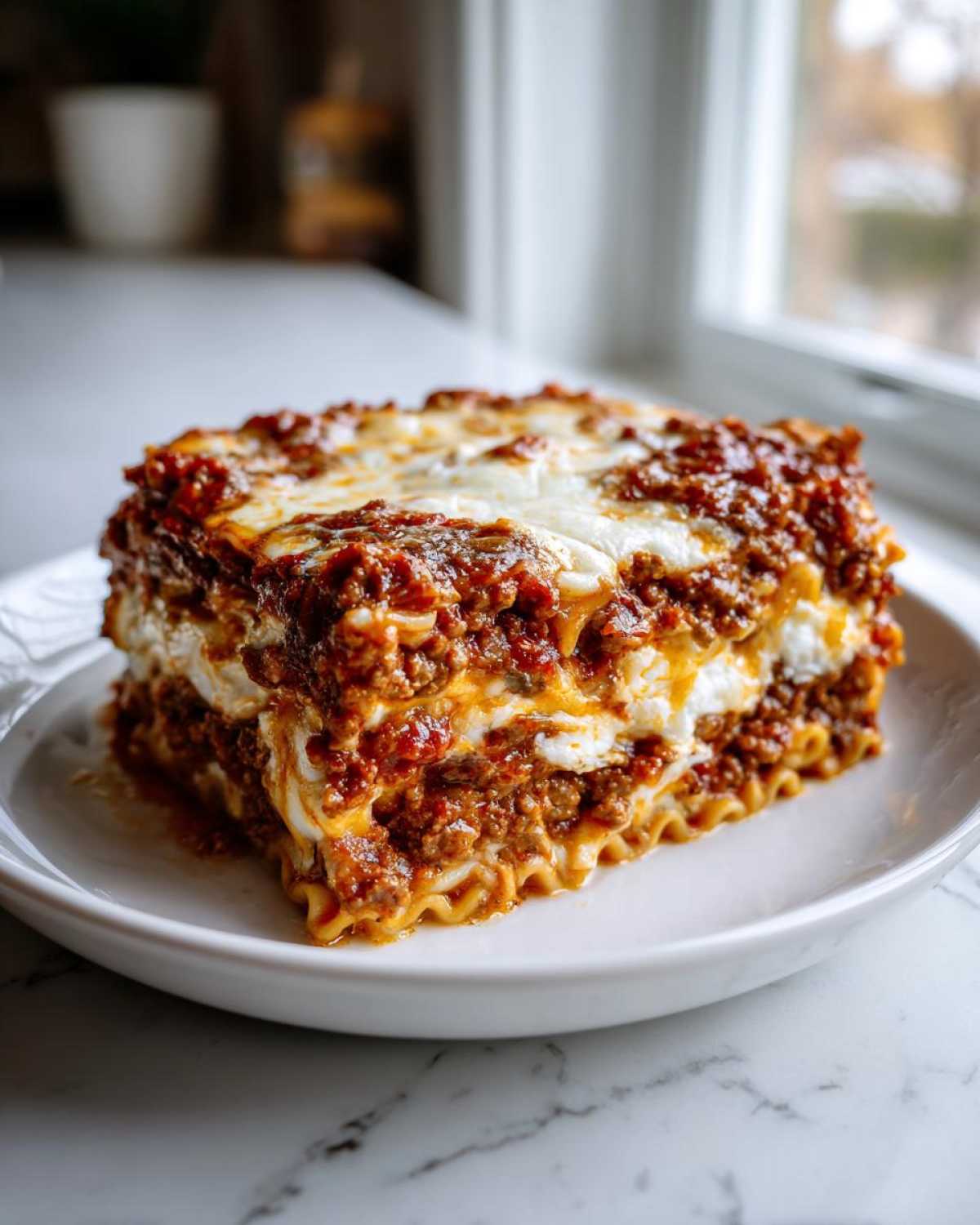 A generous square serving of baked ziti layered with meat sauce and melted cheese on a white plate.