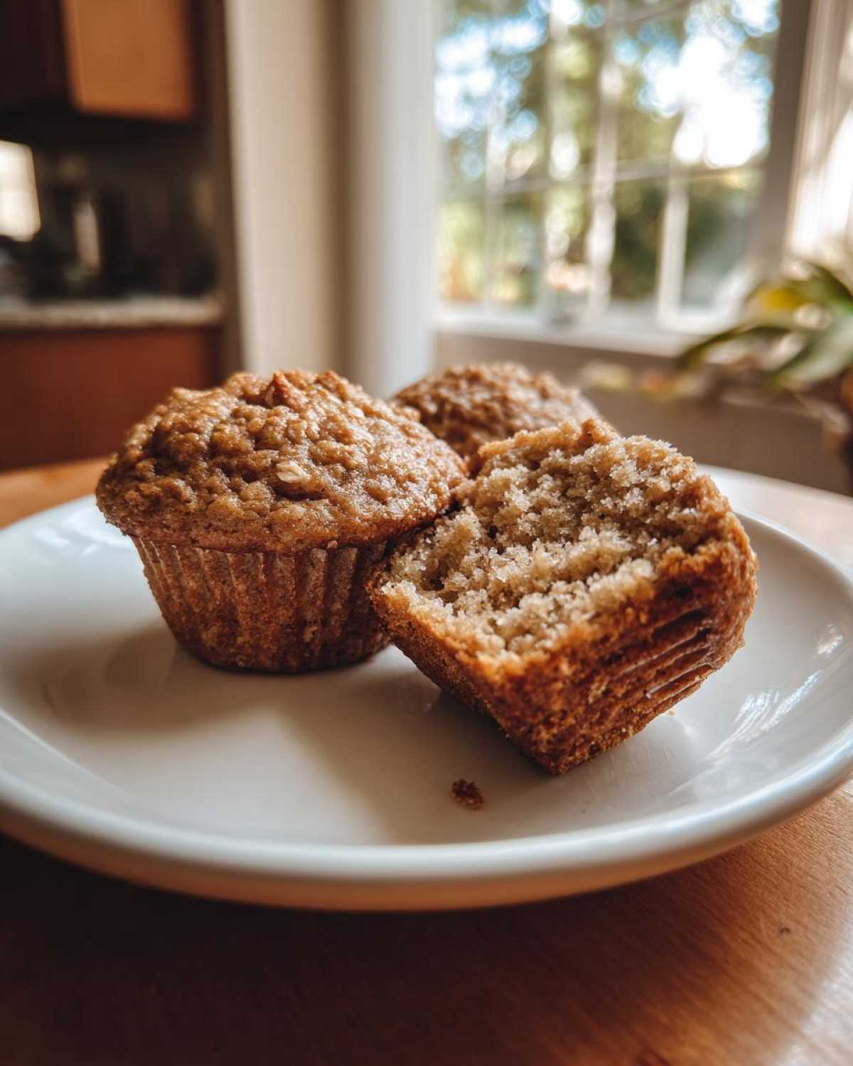 Close-up of three delicious banana oatmeal muffins, one cut in half showing the texture.