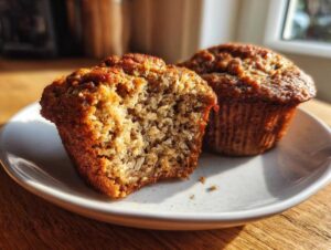 Close-up of a banana oatmeal muffin cut in half showing the moist, textured interior next to a whole muffin.