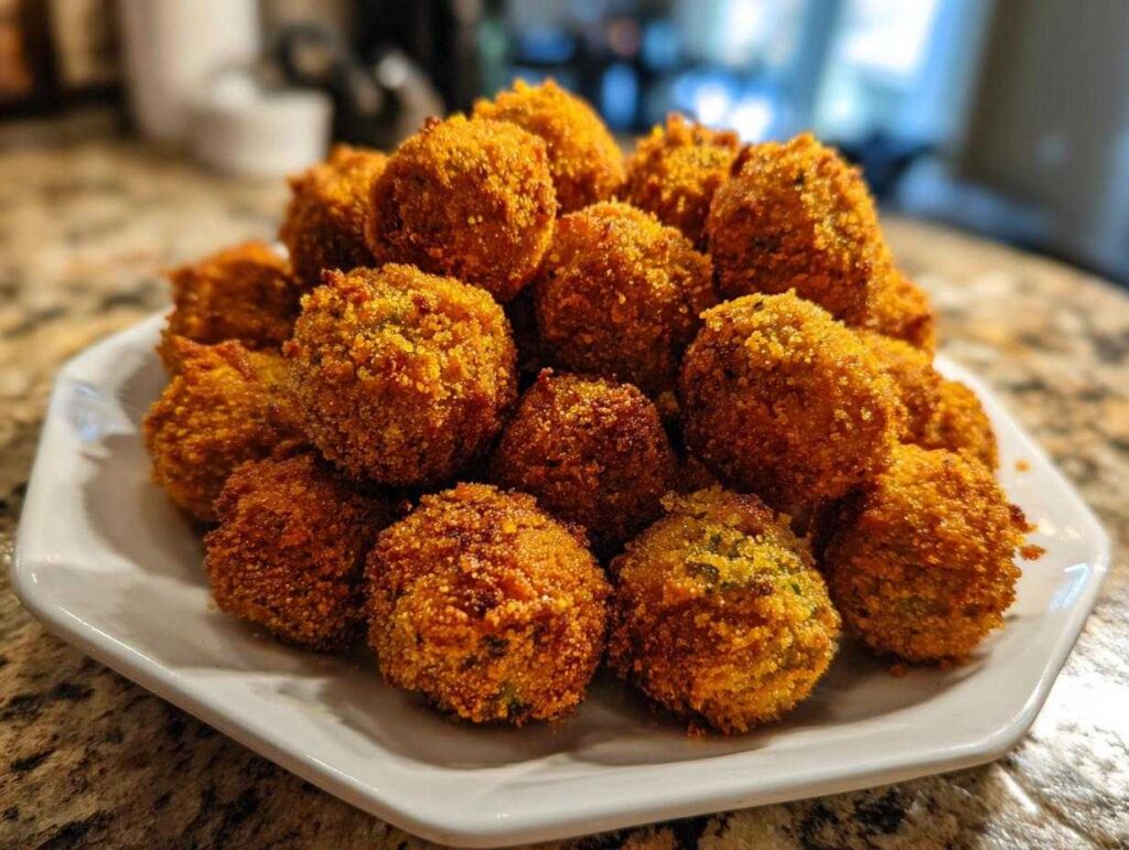 A pile of perfectly golden brown, crispy fried okra recipe balls served on a white plate.