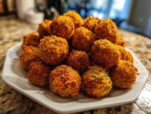 A pile of perfectly golden brown, crispy fried okra recipe balls served on a white plate.