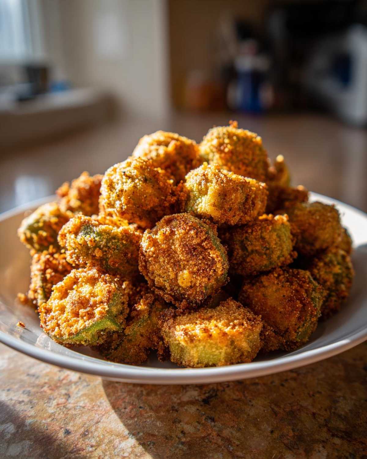 A pile of perfectly golden brown, crispy fried okra recipe pieces stacked high in a white bowl.
