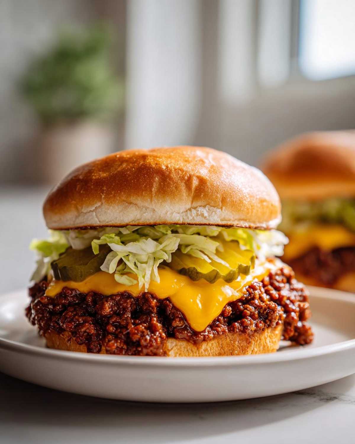 A juicy big mac sloppy joes sandwich piled high with meat sauce, melted cheese, pickles, and shredded lettuce on a soft bun.