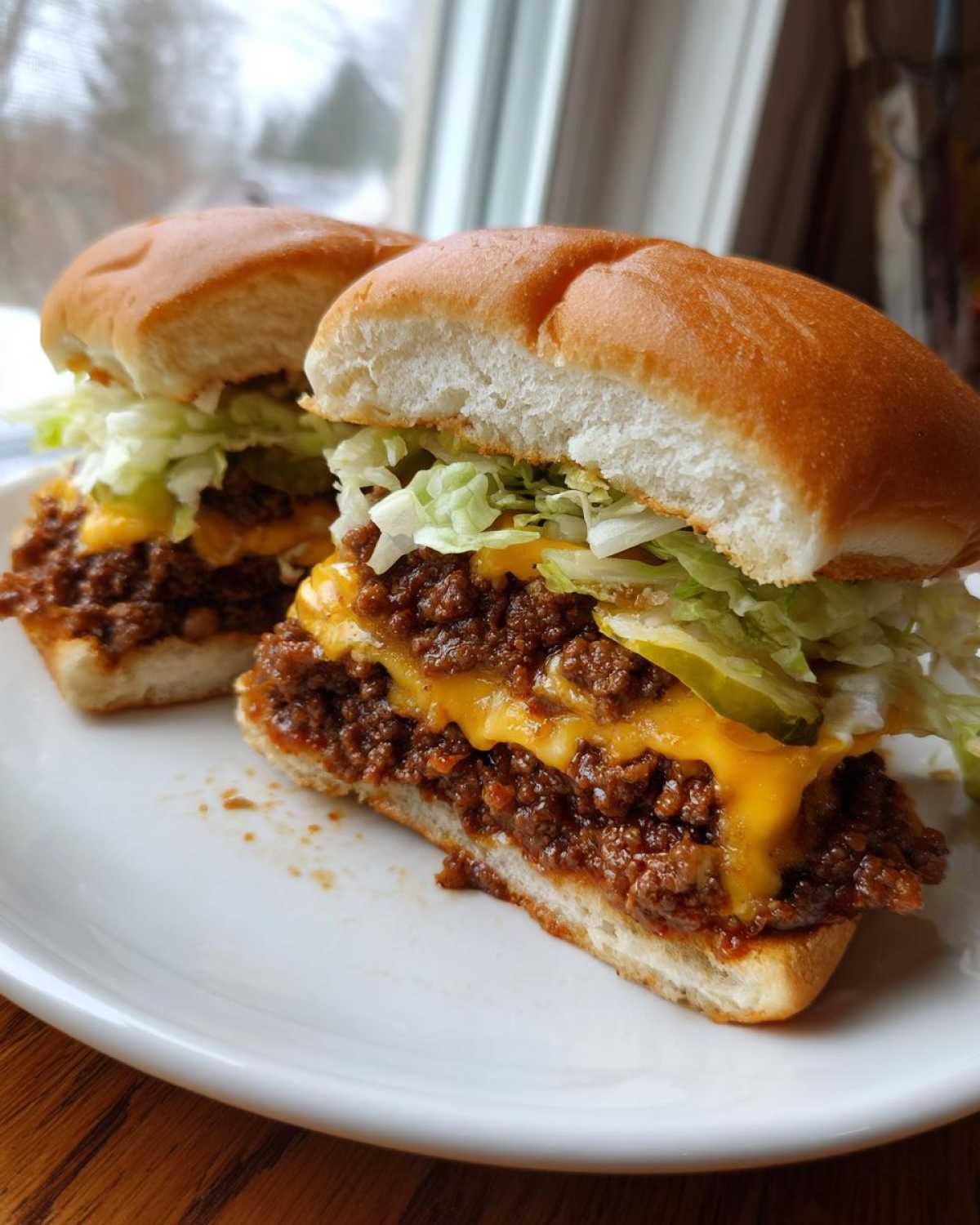 Two halves of a big mac sloppy joes sandwich showing ground meat, melted cheese, lettuce, and pickles on a soft bun.