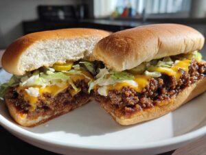 A close-up of big mac sloppy joes split in half on a white plate, showing ground beef mixture, melted cheese, lettuce, and pickles.