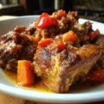 Close-up of rich, savory brown stew chicken pieces coated in sauce with chunks of red pepper and carrots.