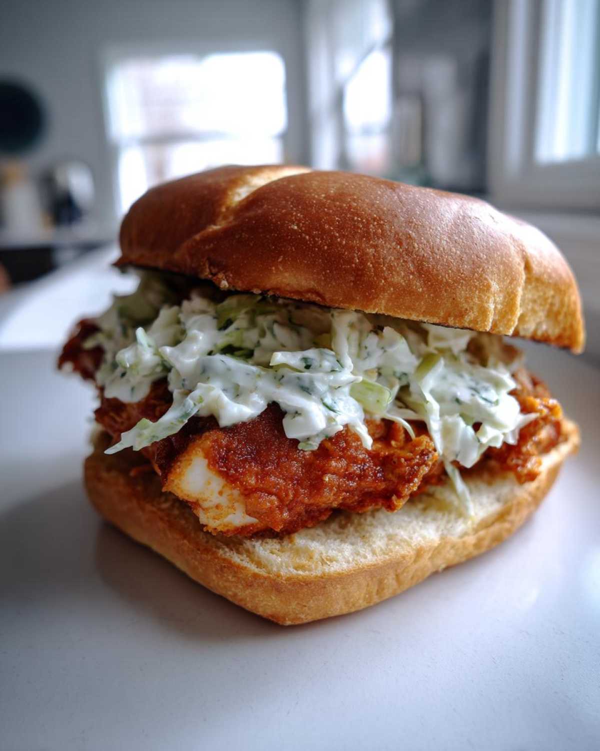A close-up of a delicious buffalo chicken sandwich featuring a crispy, sauced chicken fillet topped with creamy coleslaw on a soft bun.