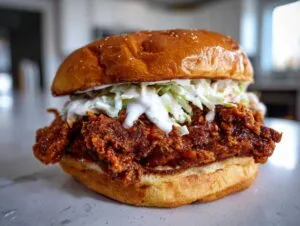 A close-up of a crispy, saucy buffalo chicken sandwich topped with creamy coleslaw on a brioche bun.