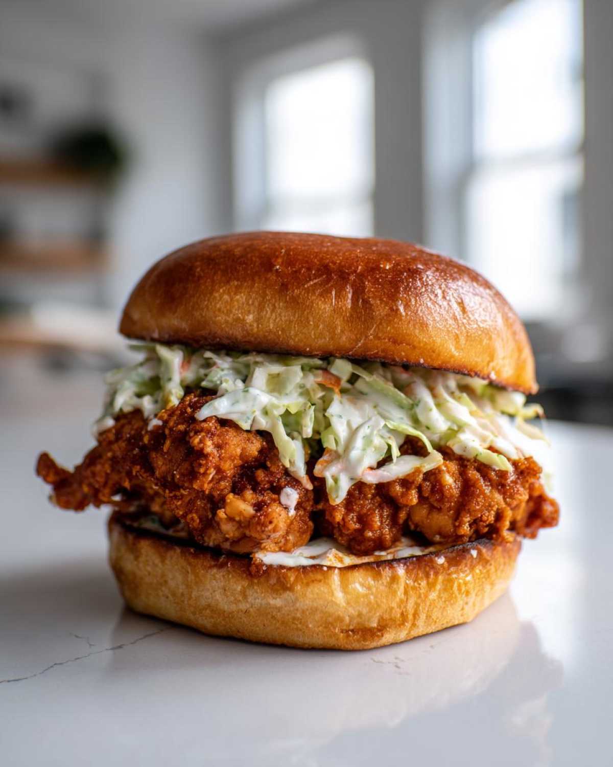 Close-up of a crispy buffalo chicken sandwich stacked high on a brioche bun with creamy coleslaw.