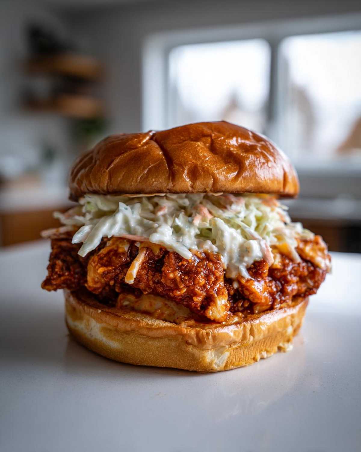 A close-up of a juicy buffalo chicken sandwich topped generously with creamy coleslaw on a brioche bun.
