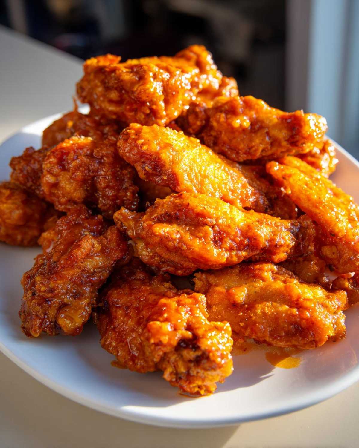 Close-up of a generous pile of crispy, saucy buffalo wings recipe coated in bright orange glaze on a white plate.
