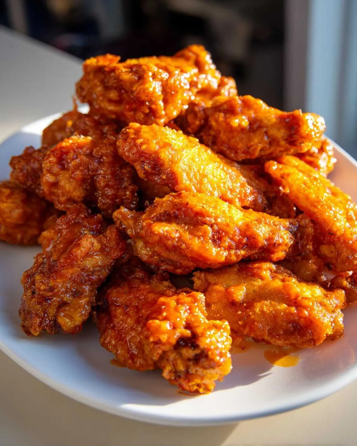 Close-up of a generous pile of crispy, saucy buffalo wings recipe coated in bright orange glaze on a white plate.