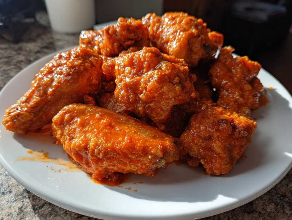 A close-up of several crispy, saucy buffalo wings piled high on a white plate.