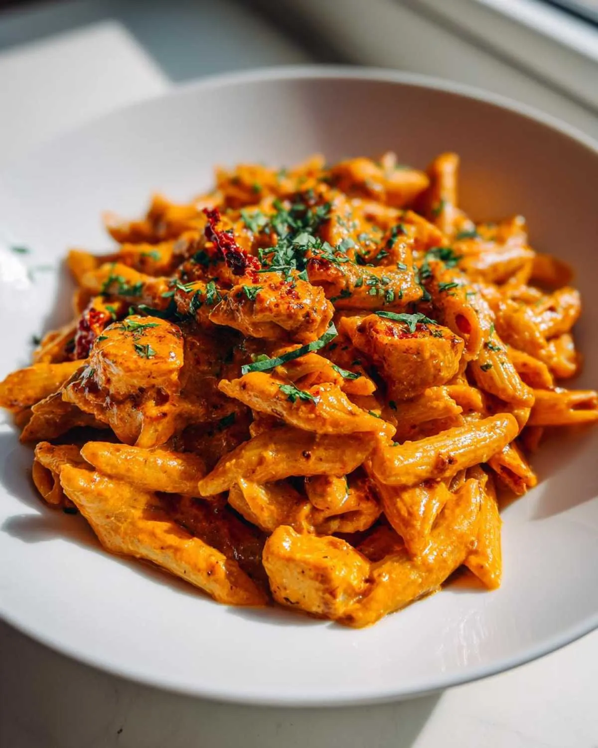 Close-up of creamy Cajun chicken pasta with penne, coated in an orange sauce and topped with fresh parsley.