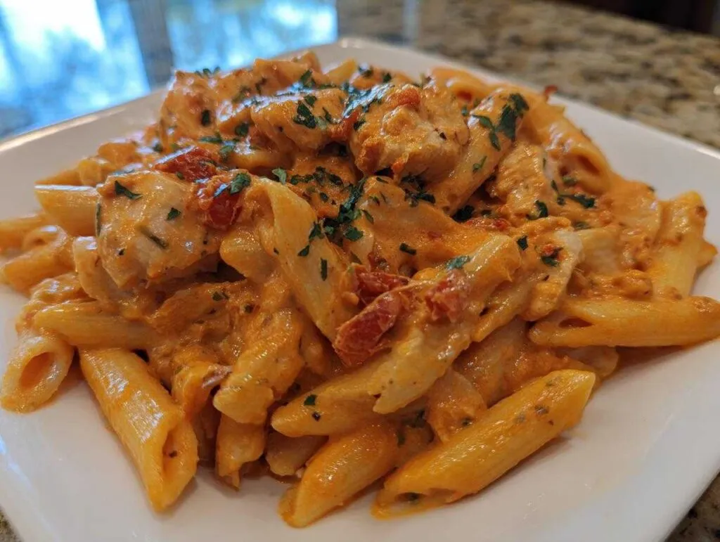 A close-up of creamy Cajun chicken pasta featuring penne noodles, chicken pieces, and a rich orange sauce, garnished with parsley.