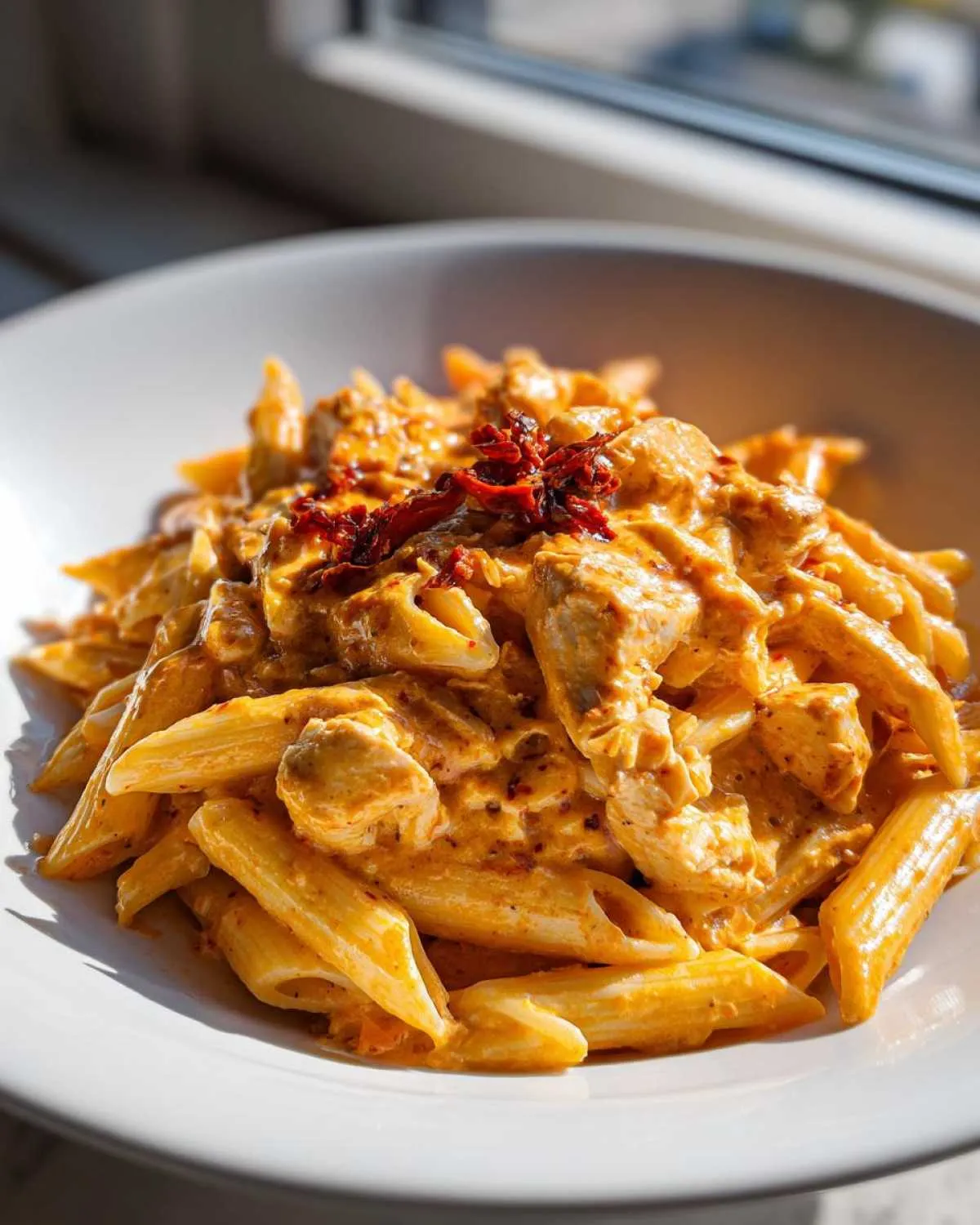 Close-up of creamy Cajun chicken pasta featuring penne noodles and chunks of chicken, topped with sun-dried tomatoes.