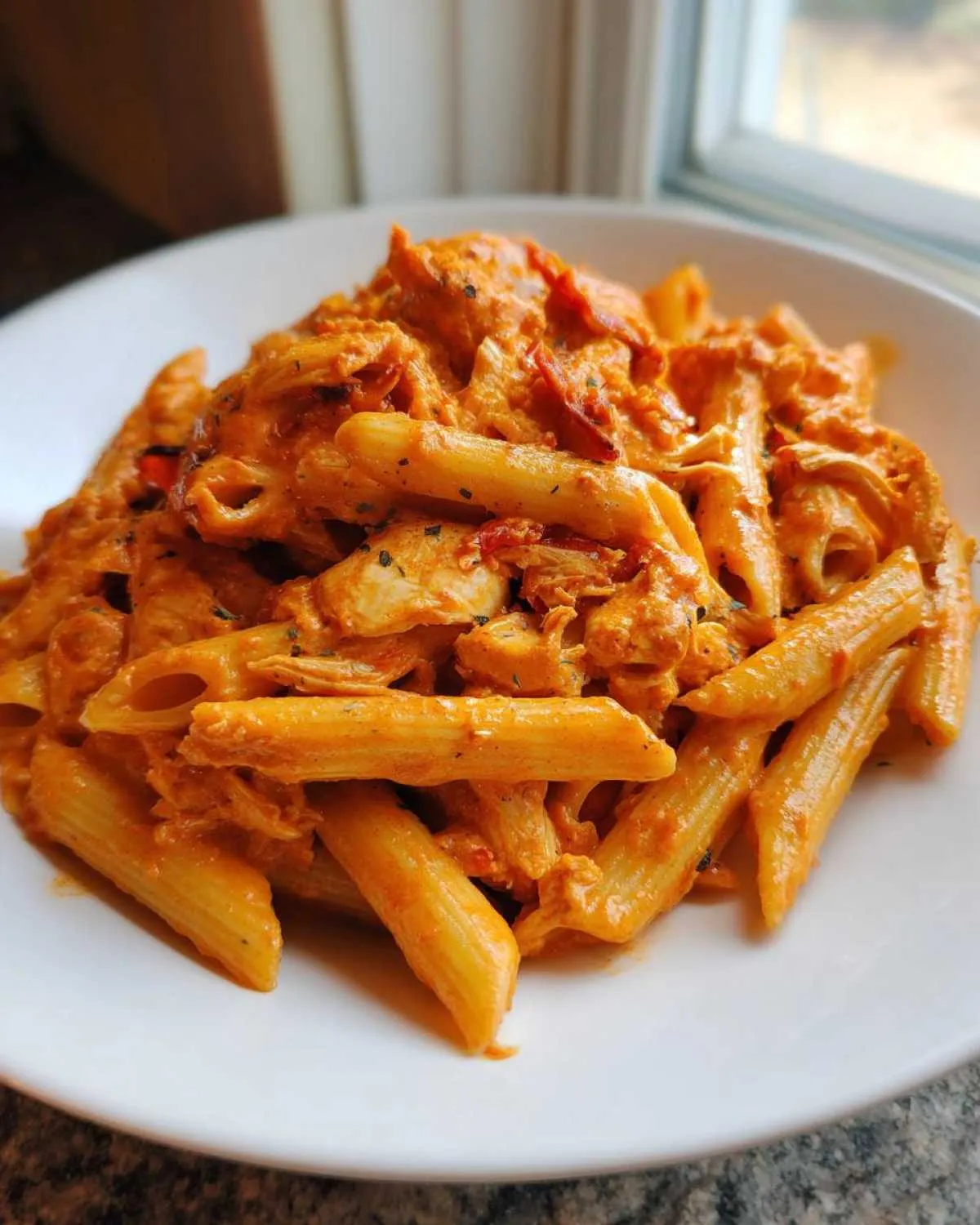 A close-up of creamy Cajun chicken pasta featuring penne noodles coated in a rich, orange sauce with shredded chicken.