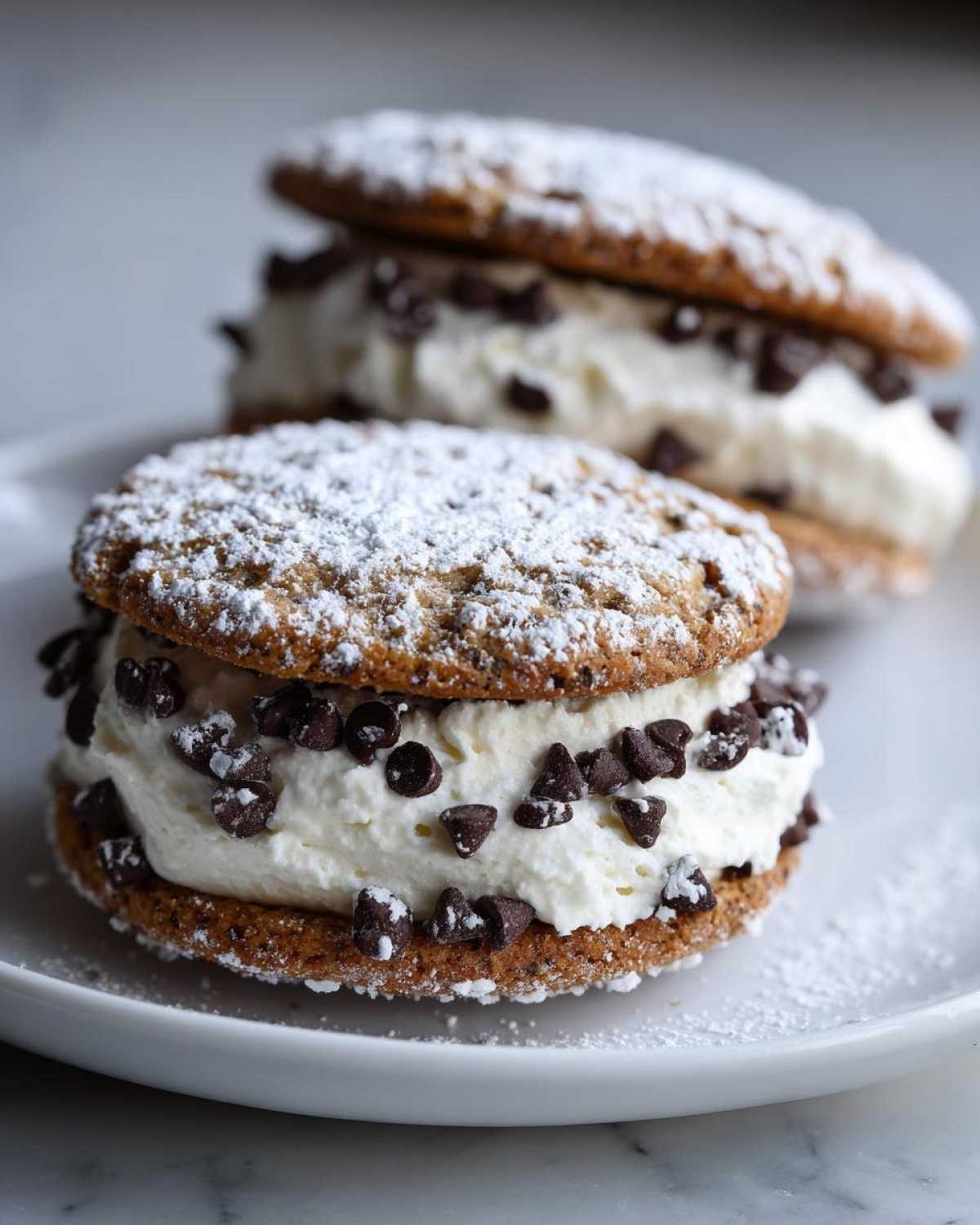 Two stacked cannoli cookies filled with creamy ricotta and mini chocolate chips, dusted with powdered sugar.