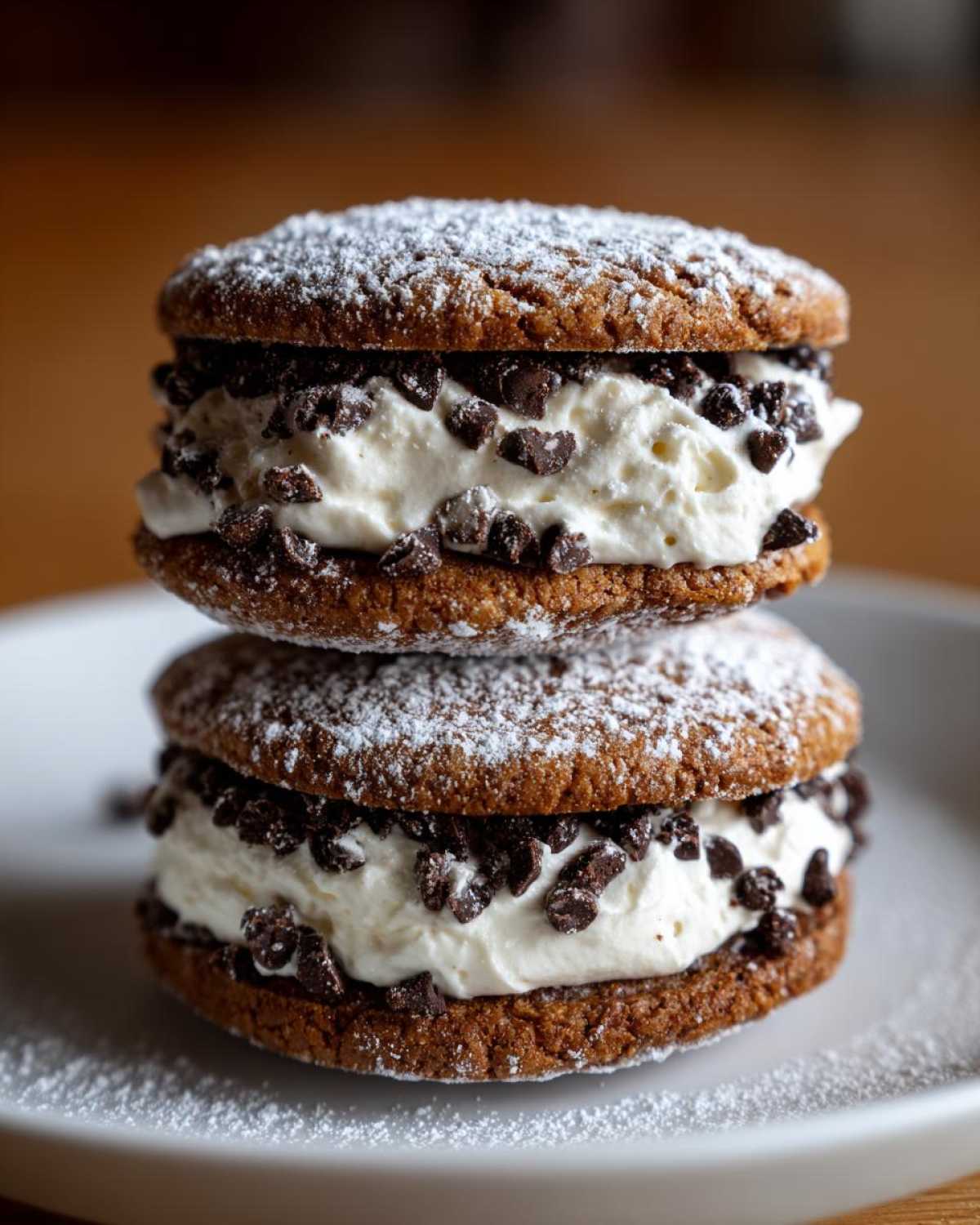 Two stacked cannoli cookies filled with cream and mini chocolate chips, dusted with powdered sugar.