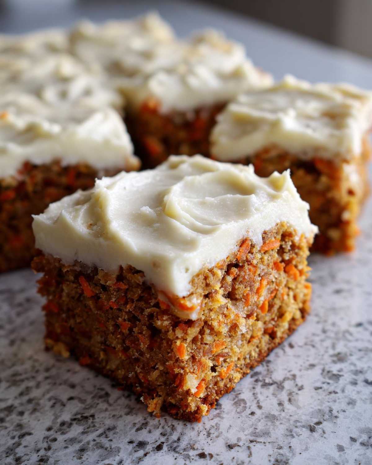 A square serving of moist carrot cake bars topped with thick cream cheese frosting.