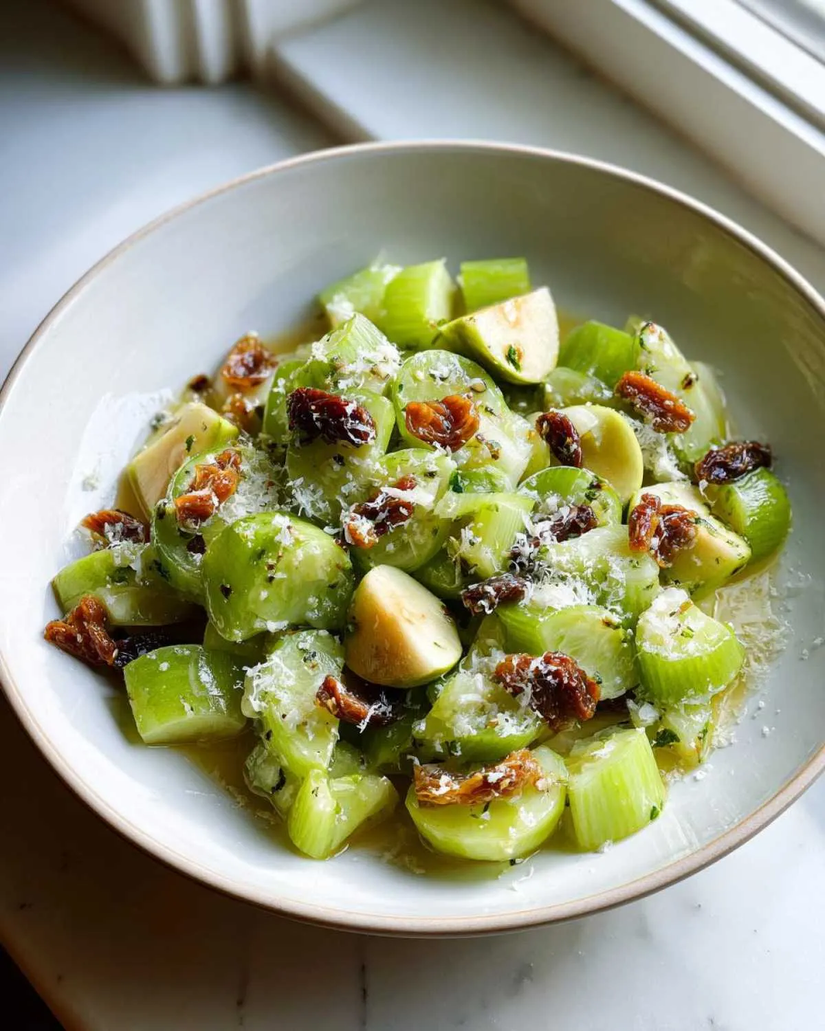 Close-up of a vibrant celery salad featuring chopped celery, sun-dried tomatoes, and grated cheese.