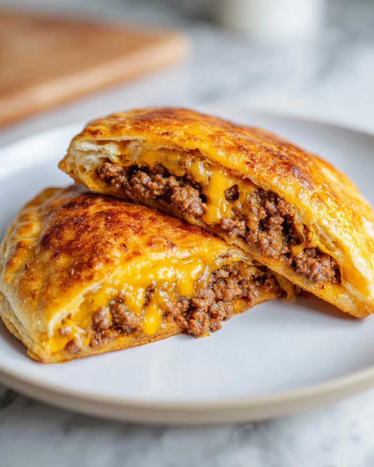 Cross-section of two amazing cheeseburger pockets showing seasoned ground beef and melted cheddar cheese filling.