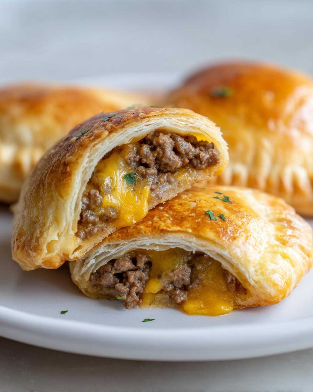 A close-up of one of the cheeseburger pockets cut in half, showing the ground beef filling and melted cheddar cheese.