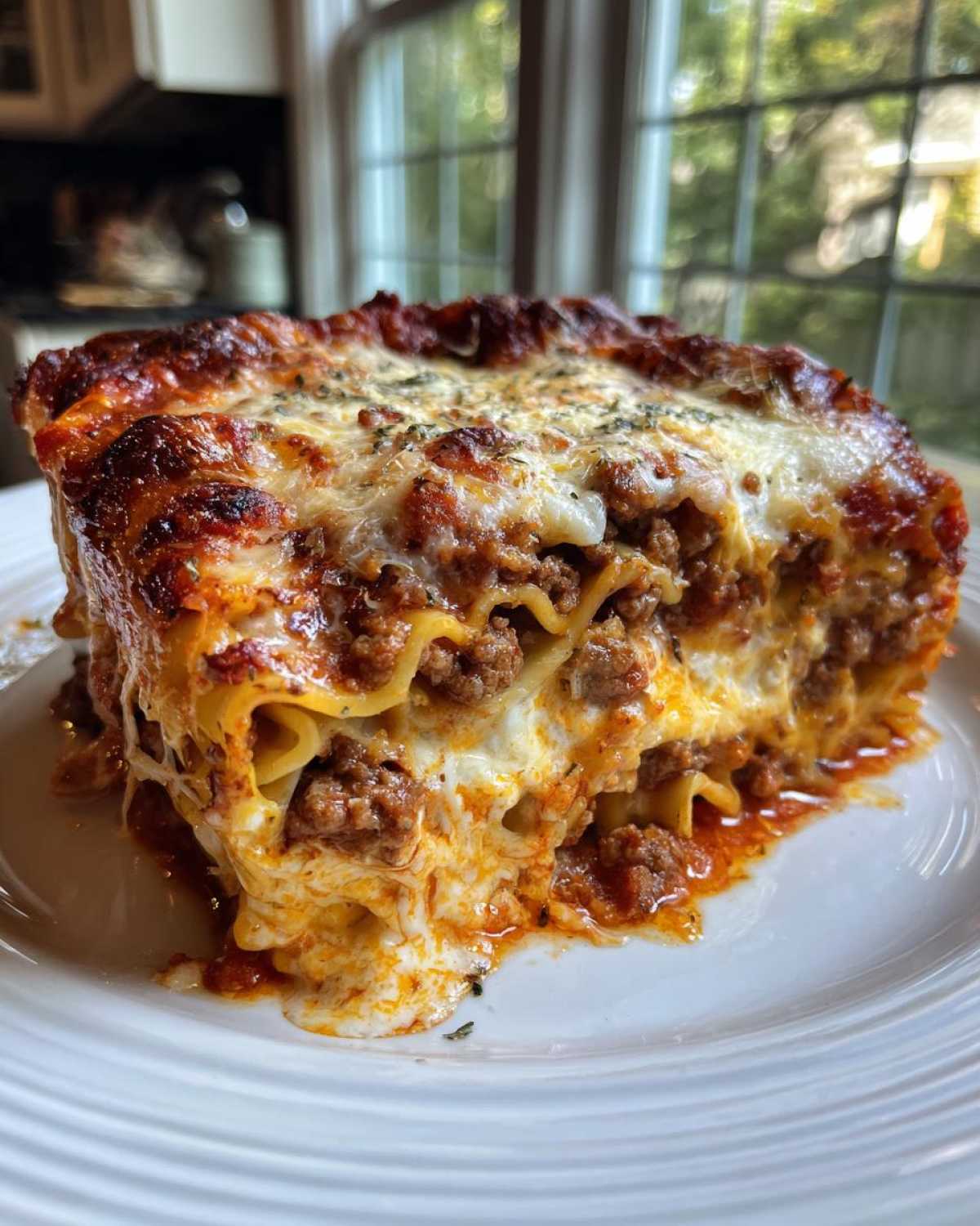 Close-up of a rich, cheesy baked lasagna slice overflowing with meat sauce, though the article is about ziti.