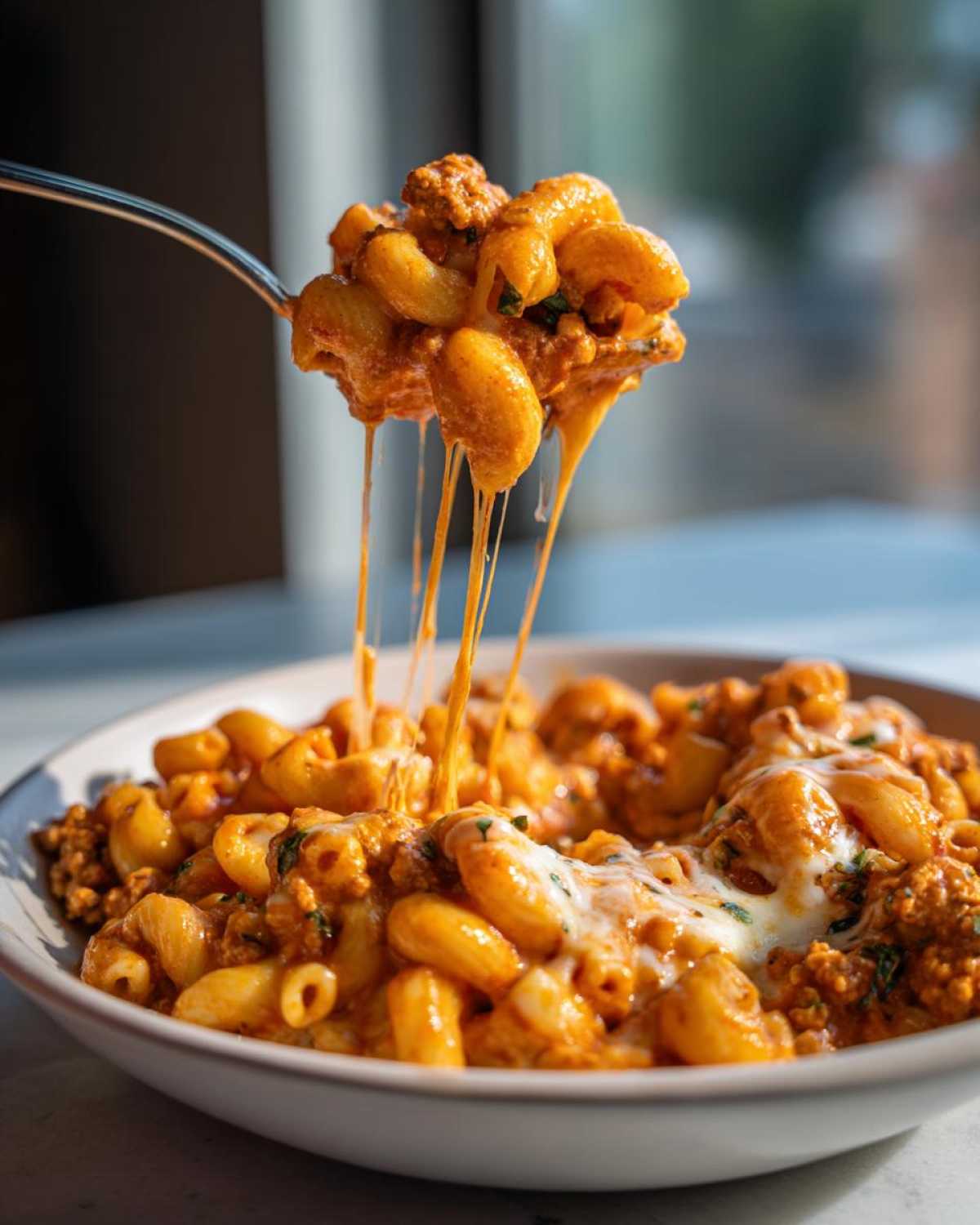 A spoonful of cheesy taco pasta is lifted, showing long, dramatic cheese pulls over the bowl.