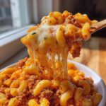 Close-up of a spoonful of cheesy taco pasta showing a dramatic, stretchy cheese pull over macaroni and seasoned ground meat.