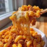 Close-up of a spoonful of cheesy taco pasta showing a dramatic, stretchy cheese pull over macaroni and seasoned ground meat.