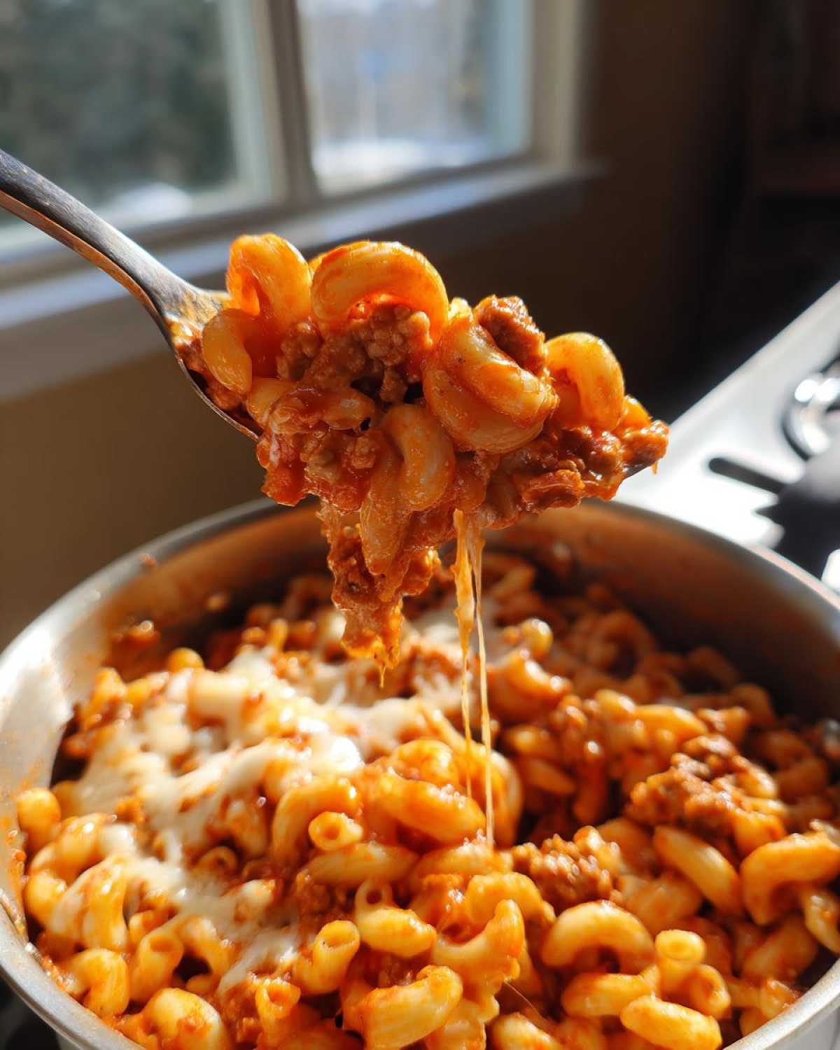 A spoonful of cheesy taco pasta lifted from the pot, showing melted cheese stretching between the spoon and the main dish.